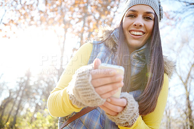 Buy stock photo Trees, hiking and girl with phone for outdoor adventure, location search or connection on holiday in nature. Smile, trekking and woman in forest with smartphone for online map, direction or check in