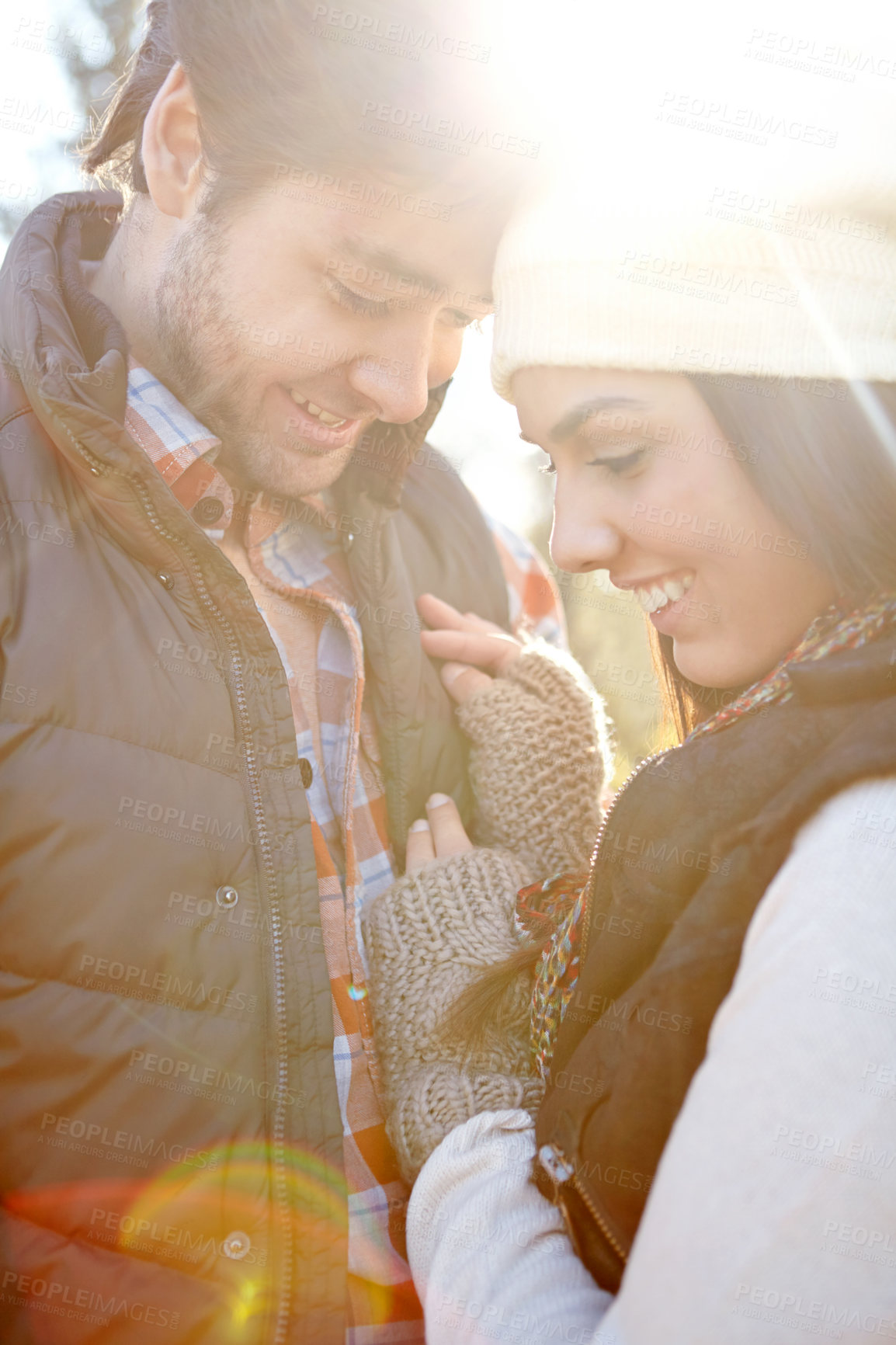 Buy stock photo Smile, hugging and couple in nature for winter vacation, getaway or holiday together for anniversary. Happy, love and young man and woman embracing with care at romance date on weekend trip in Russia