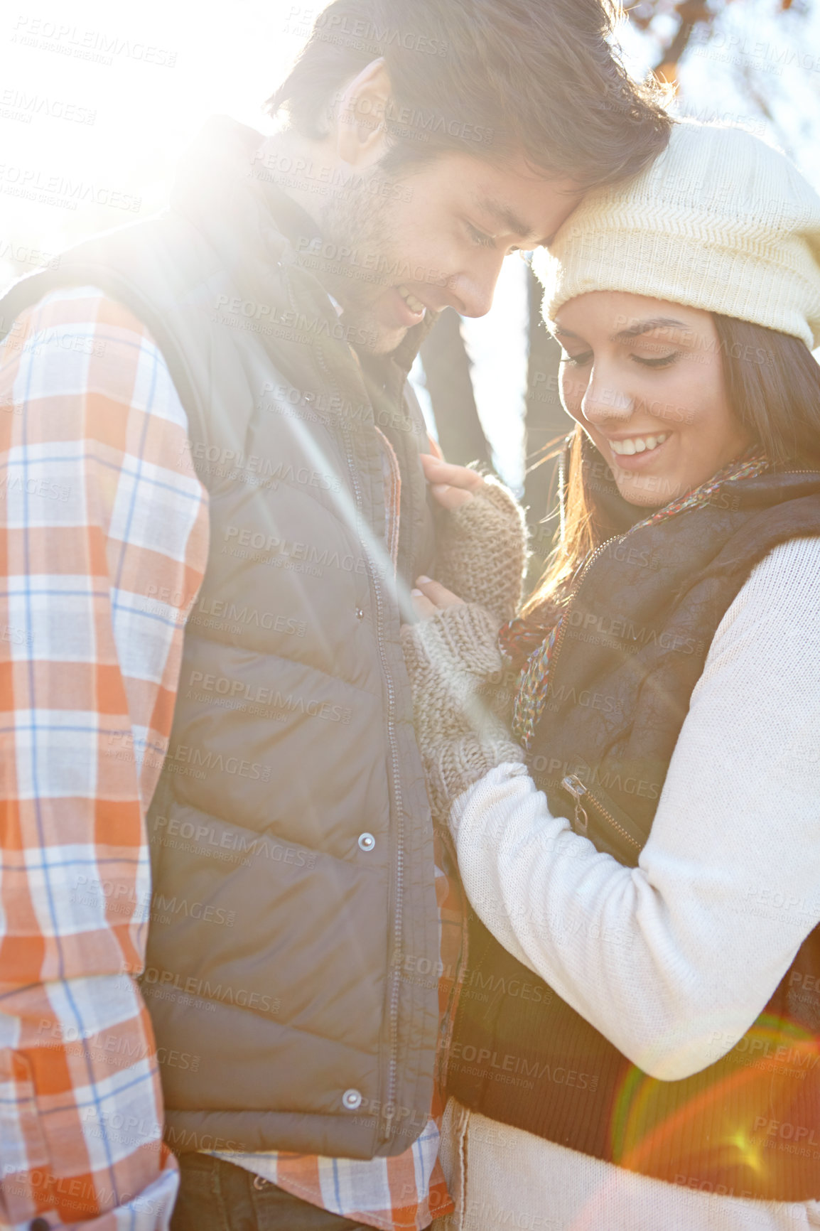 Buy stock photo Nature, love and couple with smile in forest for relationship, affection or anniversary date. Outdoor, morning and happy man with woman for romance, winter vacation or bonding together in Denmark