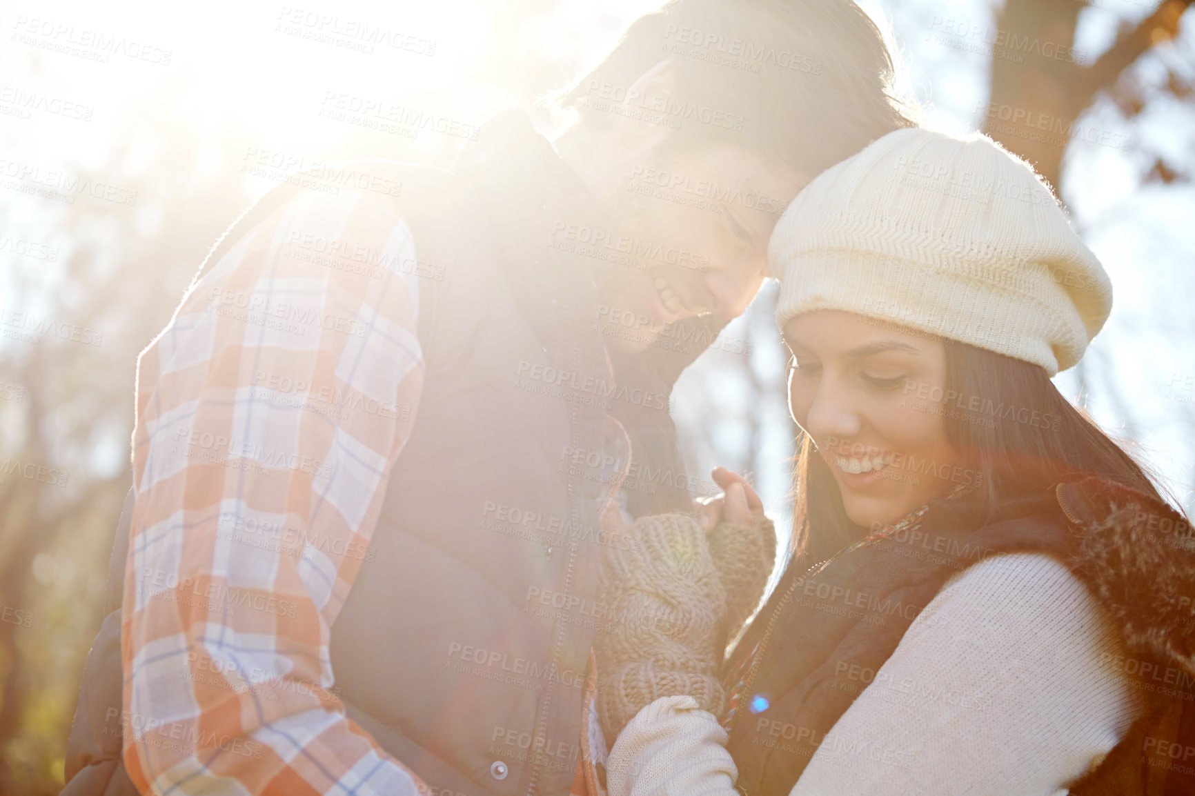 Buy stock photo Nature, love and couple with hug in forest for relationship, affection or anniversary date. Outdoor, smile and happy man with woman for romance, winter vacation or bonding together in Denmark