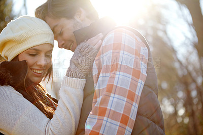 Buy stock photo Woman, man and hug with nature for forest trip, bonding and travel in winter countryside. Smile, love and happy couple in embrace for morning holiday, vacation or woods picnic or hiking adventure