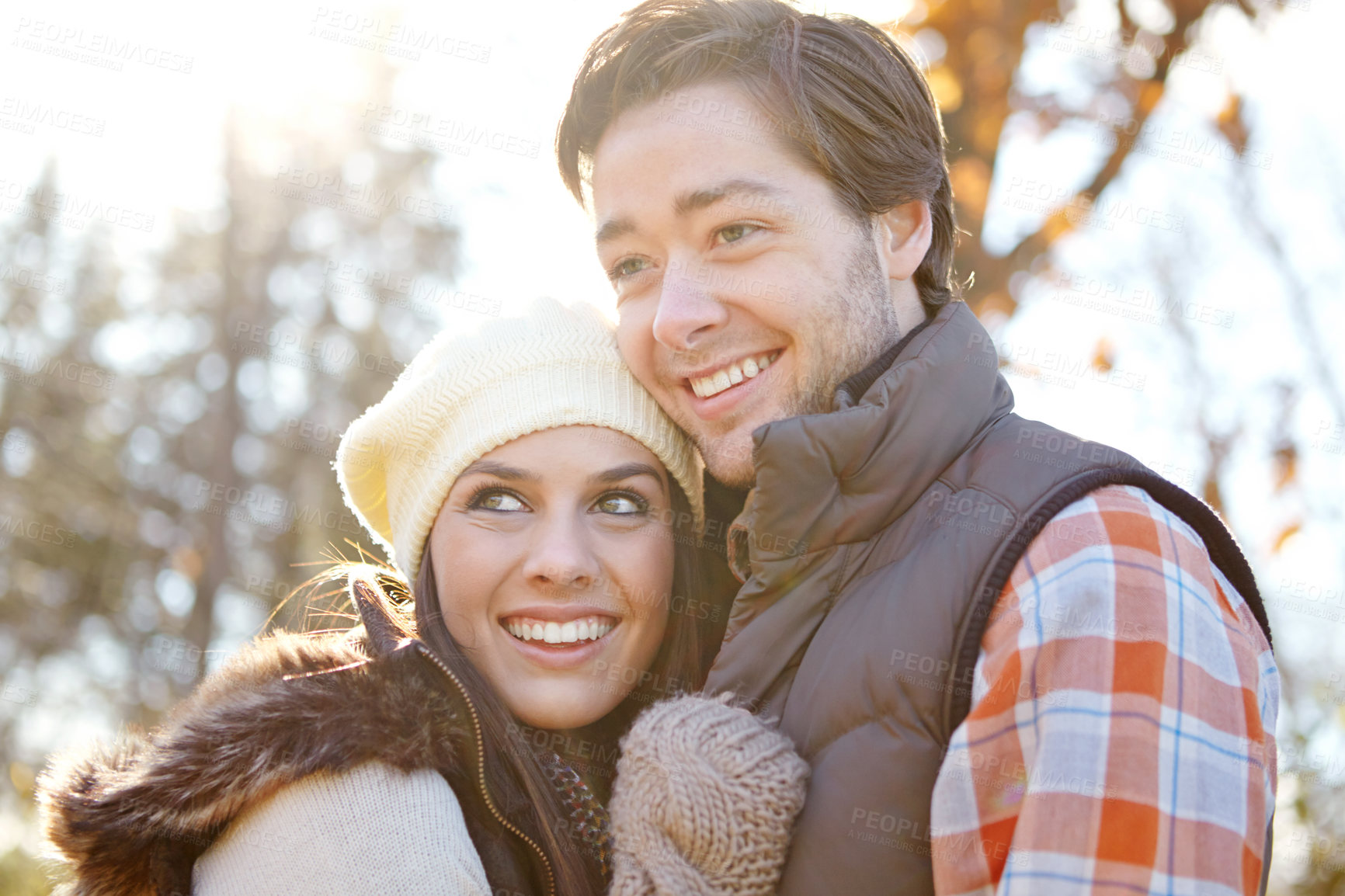 Buy stock photo Woman, man and hug with romance for forest trip, bonding and travel in winter countryside. Smile, love and happy couple in embrace for morning holiday, vacation or woods picnic or hiking adventure