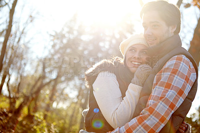 Buy stock photo Woman, man and hug with nature for woods vacation, bonding and travel in winter countryside. Smile, love and happy couple in embrace for morning holiday, trip or forest park or hiking adventure