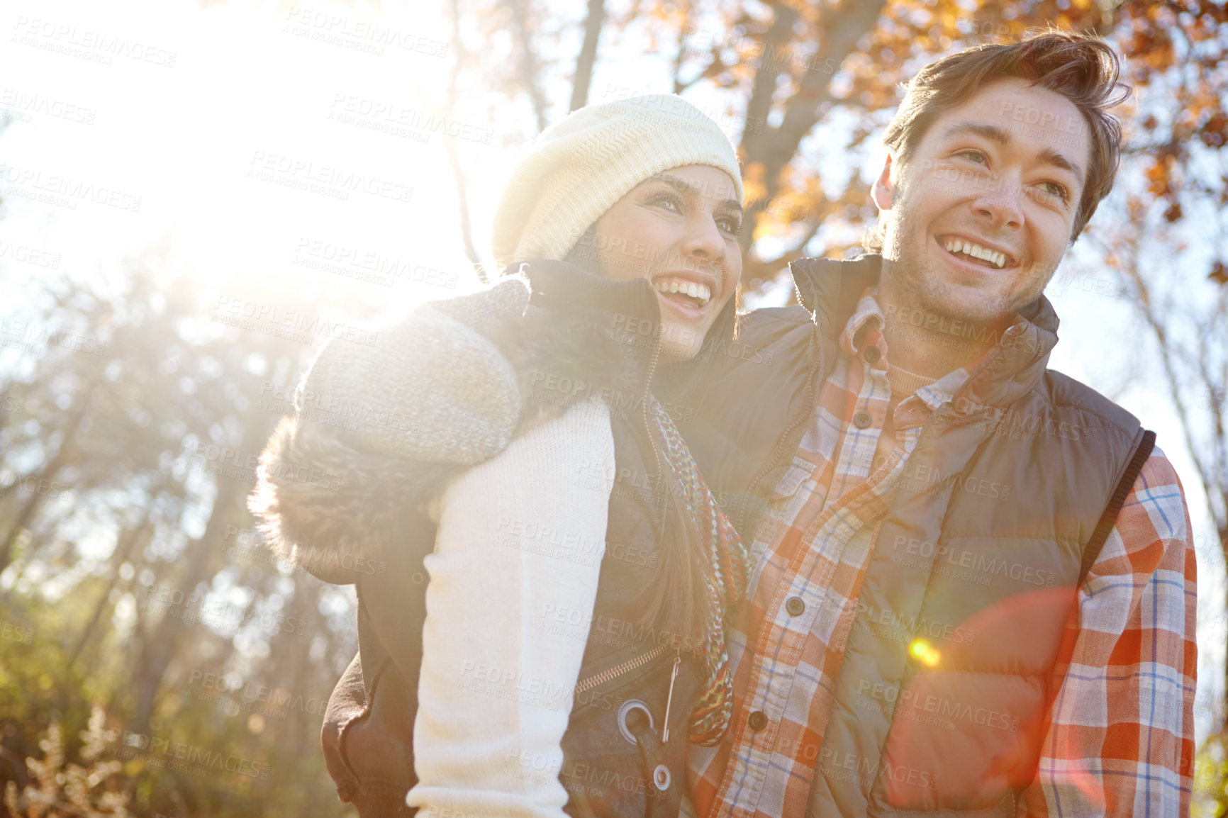 Buy stock photo Woman, man and hug with nature for autumn trip, bonding and travel in winter countryside. Smile, love and happy couple in embrace for morning holiday, vacation or woods picnic or hiking adventure