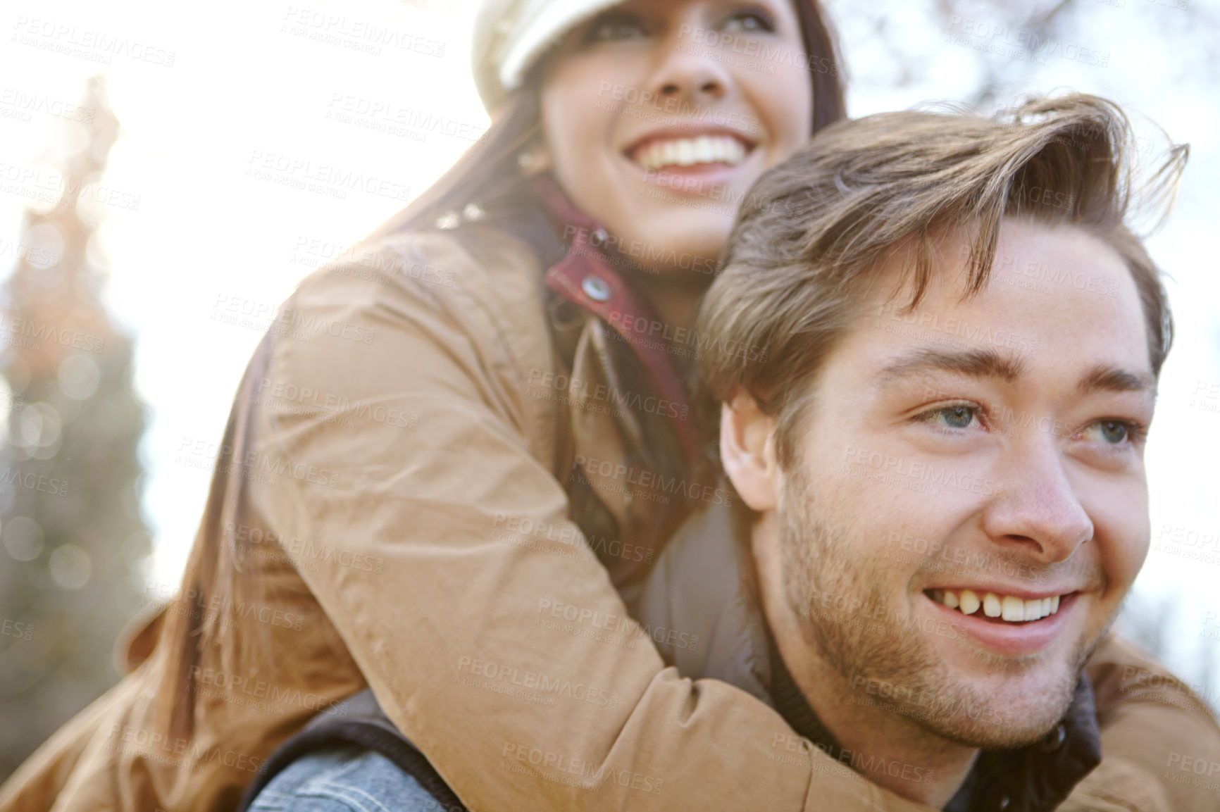 Buy stock photo Relationship, couple and smile in forest with piggyback for bonding, support and trust in Germany. Love, people and happy in outdoor or woods for holiday, sightseeing and adventure in winter