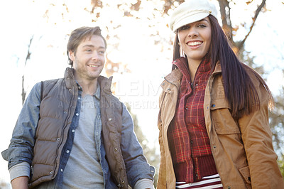 Buy stock photo Woman, man and holding hands with nature for forest trip, bonding and travel in winter countryside. Smile, love and couple walking for morning holiday, vacation or woods picnic or hiking adventure