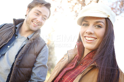 Buy stock photo Woman, man and portrait with nature for forest trip, bonding or travel in winter countryside. Smile, love and happy couple walking for morning holiday, vacation or woods picnic or hiking adventure