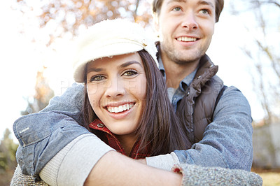 Buy stock photo Happy couple, portrait and hug on woods date for romance, bonding and outdoor park for commitment. People, nature and smile to relax in winter season for love, holiday and embrace for security