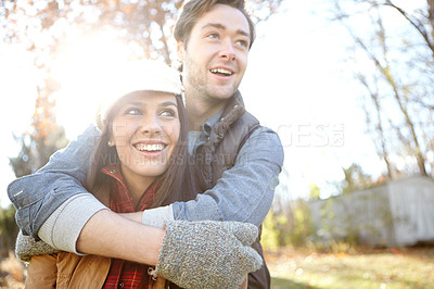 Buy stock photo Happy couple, thinking and hug on woods date for romance, bonding and outdoor for commitment. People, forest and holiday to relax in winter season for love, marriage and nature embrace for security