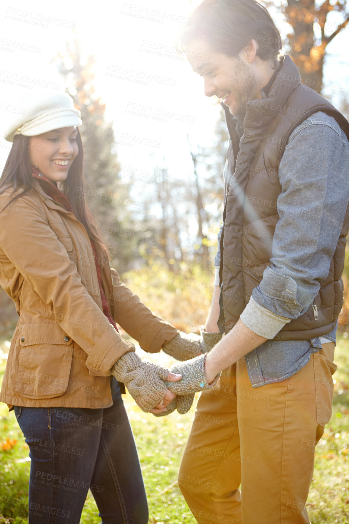 Buy stock photo Woman, man and holding hands with forest for park trip, bonding and travel in winter countryside. Smile, love and couple together for morning holiday, vacation or woods picnic or hiking adventure