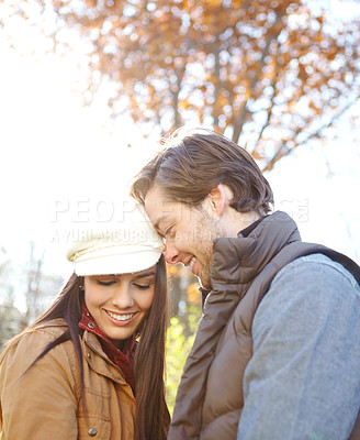 Buy stock photo Romance, love and couple in nature for winter vacation, getaway or holiday together for anniversary. Happy, connection and young man and woman embracing with care at date on weekend trip in Russia