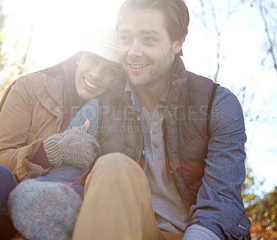 Buy stock photo Woman, man and embrace with nature for forest trip, bonding and travel in winter countryside. Smile, love and happy couple in hug for morning holiday, vacation or woods picnic or hiking adventure