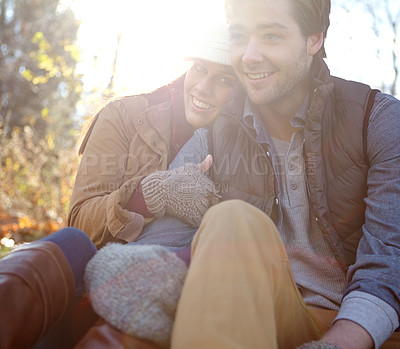 Buy stock photo Happy couple, portrait and hug on nature date for romance, bonding and outdoor park for commitment. People, woods and holiday to relax in winter season for love, marriage and embrace for security