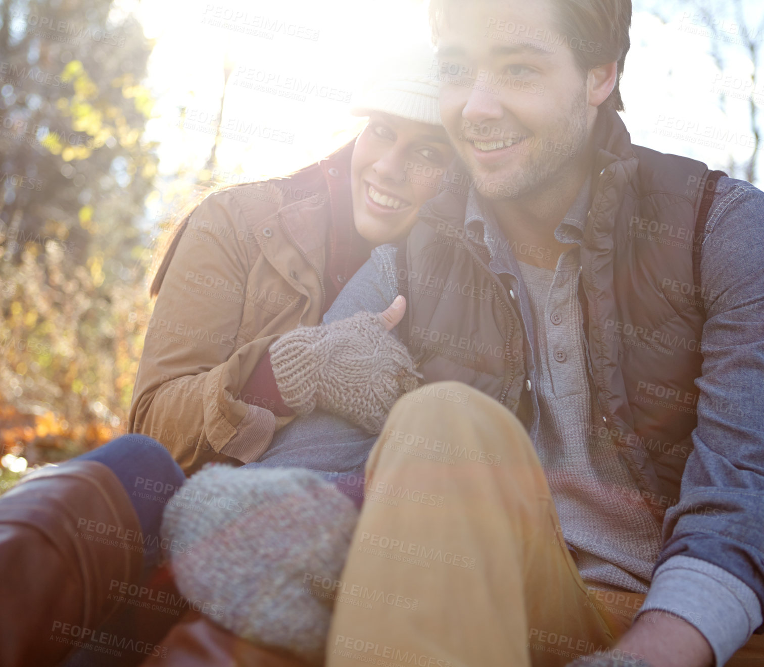 Buy stock photo Happy couple, portrait and hug on nature date for romance, bonding and outdoor park for commitment. People, woods and holiday to relax in winter season for love, marriage and embrace for security