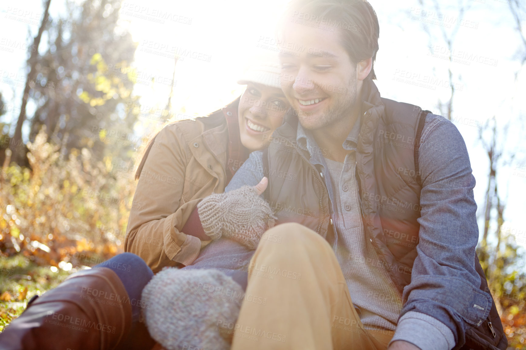 Buy stock photo Couple, portrait and hug on nature date for romance, bonding and outdoor park for commitment. Happy people, forest and holiday to relax in winter season for love, marriage and embrace for security