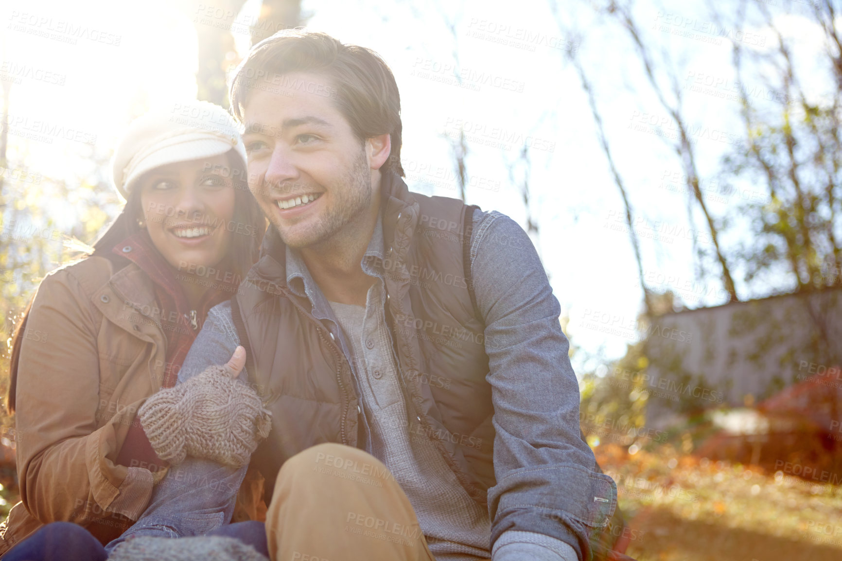 Buy stock photo Happy couple, trust and hug on nature date for romance, bonding and outdoor park for commitment. People, forest and holiday to relax in winter season for love, marriage and embrace for security