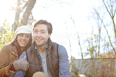 Buy stock photo Happy couple, affection and hug on nature date for romance, bonding and outdoor for commitment. People, woods and holiday to relax in winter season for love, marriage and park embrace for security