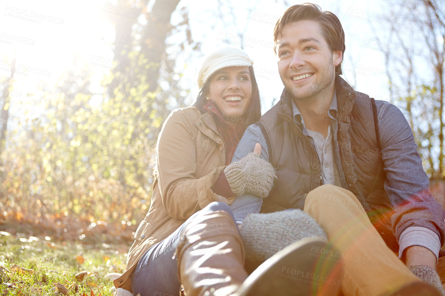 Buy stock photo Happy couple, winter and relax in woods for outdoor date with bonding together, warm clothes and security. Smile, man and woman in forest with love, care and fashion for cold climate in Germany