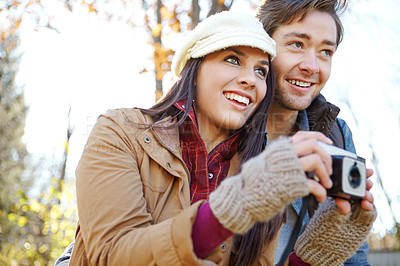 Buy stock photo Photography, man and woman with camera for memory, hiking and camping in woods or nature. Happy, couple or partner and photographer in park for outdoor, date and travel for vacation or adventure