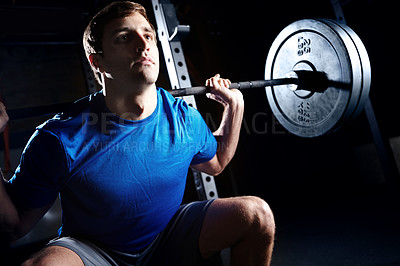 Buy stock photo Man, training and squats in gym for fitness with smith machine for legs and muscle development. Athlete, workout and challenge with barbell weights, power and strong for exercise, health and wellness