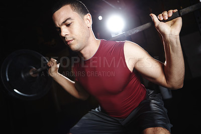 Buy stock photo Man, exercise and squats in gym for fitness with smith machine for legs and muscle development. Athlete, training and challenge with barbell weights, power and strong for workout, health and wellness