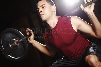 Buy stock photo Man, barbell and squats in gym for exercise with membership and training for legs and muscle growth. Bodybuilder, workout and challenge with weights, power and goals for fitness, health and wellness