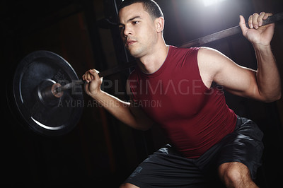 Buy stock photo Man, workout and squats in gym for sports with smith machine for legs and muscle development. Athlete, training and fitness with barbell weights, power and strong for exercise, health and wellness