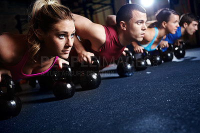 Buy stock photo People, gym and push up with kettlebell for exercise or fitness for balance, coordination and strength building. Weights, physical cardio and stability for core, muscles and training for workout.