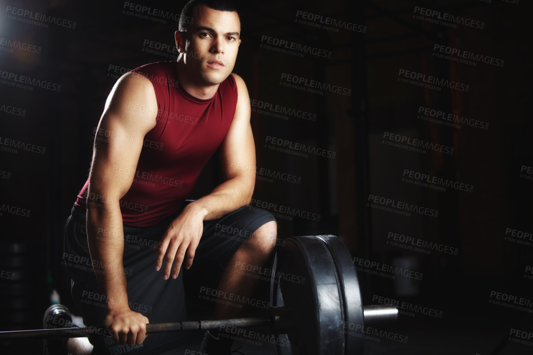 Buy stock photo Man, portrait and barbell for weightlifting in gym for fitness workout, power training and bodybuilding performance. Male bodybuilder, equipment and competition, muscle growth and professional sports