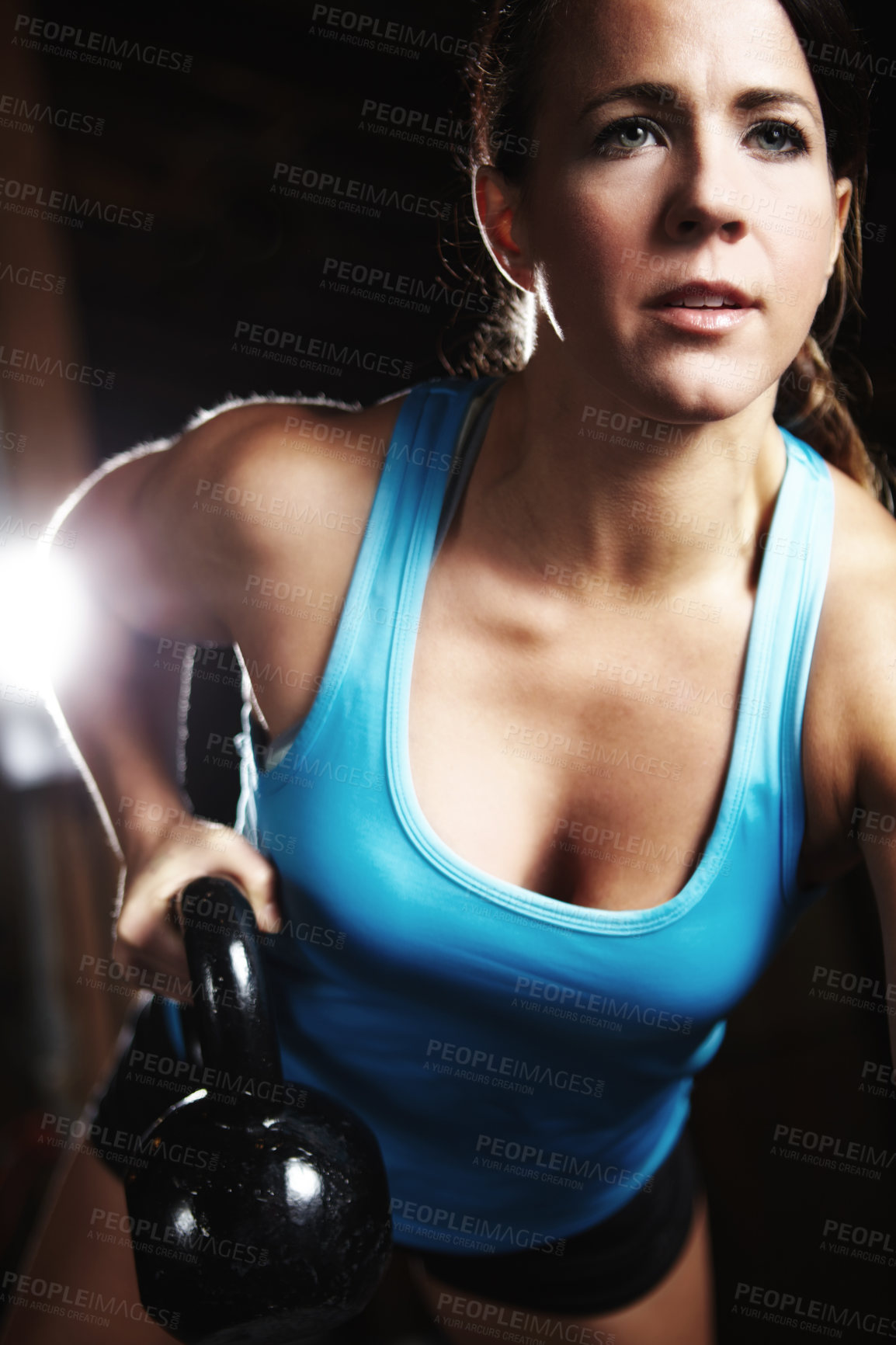 Buy stock photo Woman, athlete and kettlebell in pushups, weight training and exercise for health, strong muscle or wellness. Female person, sport and gym for fitness center, cardio or bodybuilder in workout routine