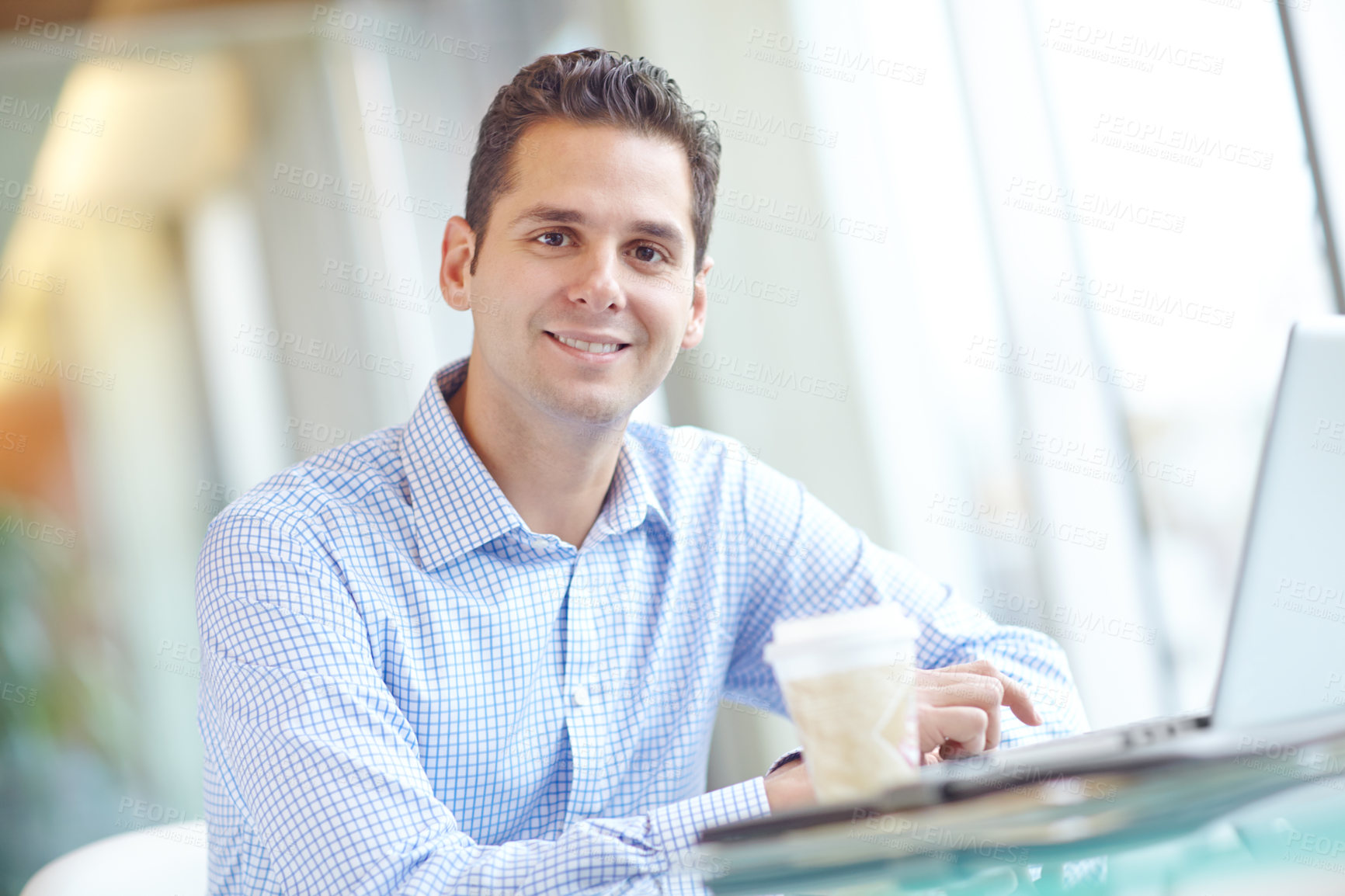 Buy stock photo Smile, laptop and portrait of businessman in office with online research for profit evaluation. Happy, coffee and economist working on report for company revenue policy with supply chain distribution