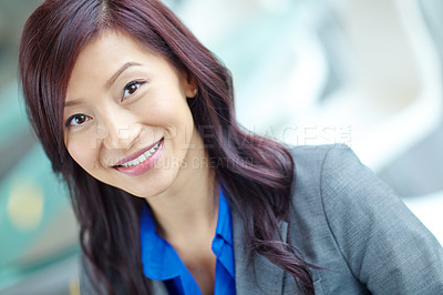 Buy stock photo Asian, happy woman and portrait with business ambition for  career, job or corporate development at office. Young, female person or employee with smile in confidence for company startup in Indonesia