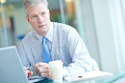 Buy stock photo Mature, laptop and business man thinking of idea or planning sales project in office. Vision, problem solving and decision making of manager with glasses for mindset, solution or professional insight