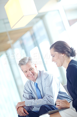 Buy stock photo Collaboration, meeting and smile with business people in office together for coaching or training. Break, corporate or teamwork with employee and mentor talking in professional workplace for career