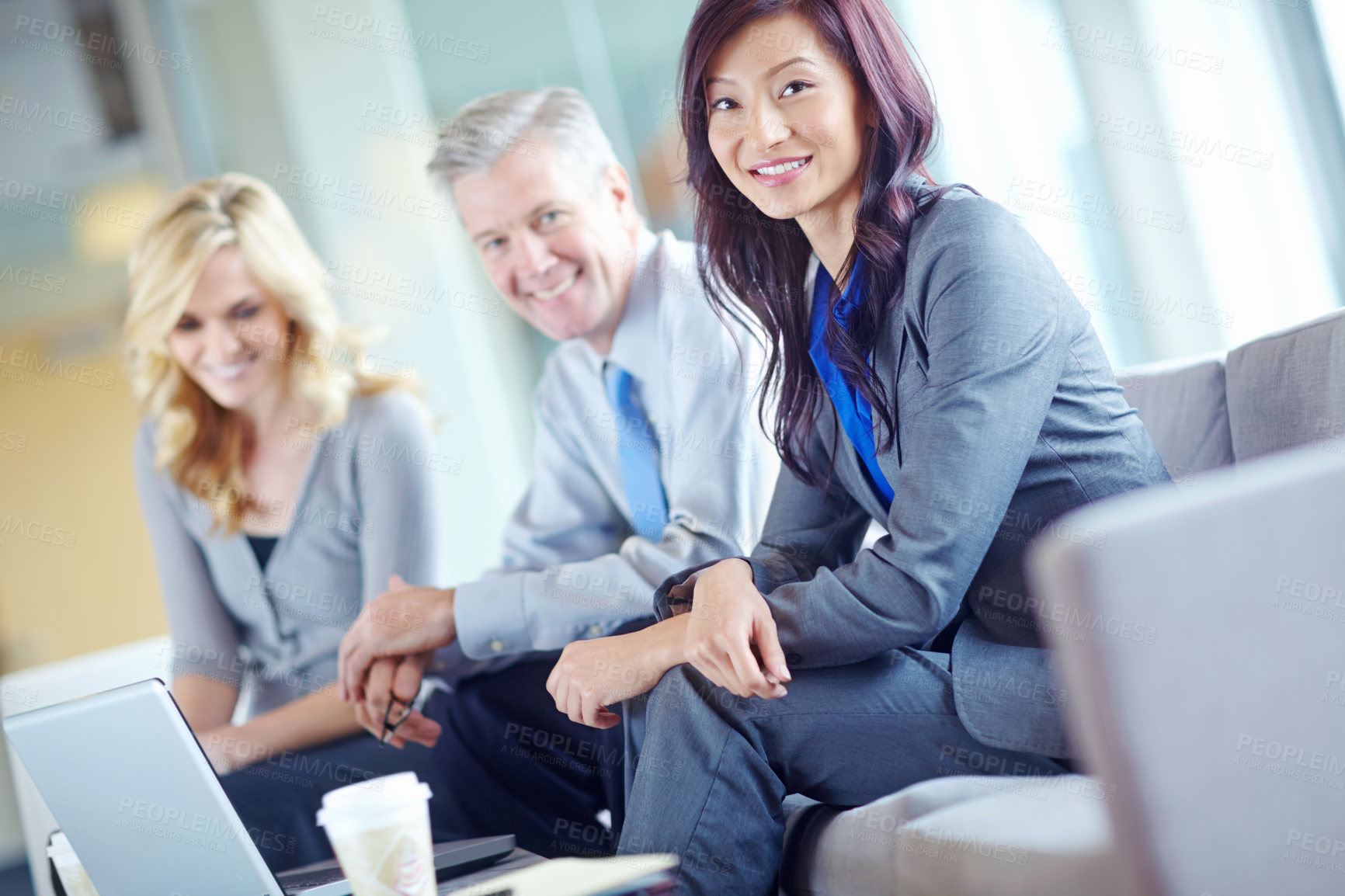 Buy stock photo Online, colleagues and portrait in office, laptop and reading of proposal with woman and smile. Investor, planning and happy for funding of business, professional and people with report for project