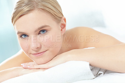 Buy stock photo Massage, pamper and portrait with woman at spa as customer on table for break, treatment or wellness. Luxury, relax and satisfaction with person on bed as salon client for comfort or stress relief