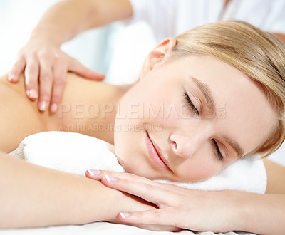 Buy stock photo Massage, relax and satisfaction with woman at spa as customer on table for break, treatment or wellness. Luxury, pamper and peace with person on bed as salon client for comfort or stress relief