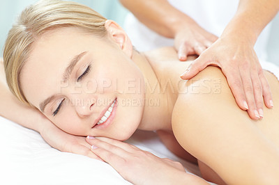 Buy stock photo Massage, relax and smile with woman at spa as customer on table for break, treatment or wellness. Luxury, peace and satisfaction with happy person on bed as salon client for comfort or stress relief