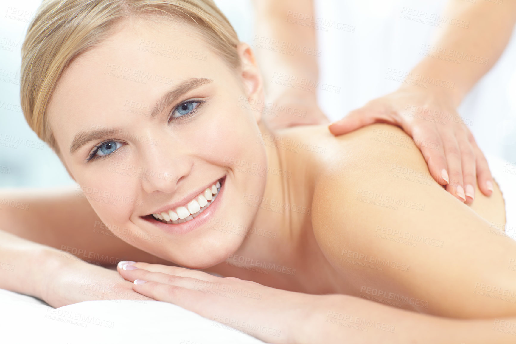 Buy stock photo Massage, portrait and smile with woman at spa as customer on table for break, treatment or wellness. Luxury, peace and relax with happy person on bed as salon client for comfort or stress relief