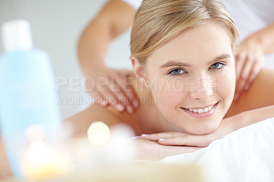 Buy stock photo Back massage, portrait and relax with woman at spa as customer on table for break, treatment or wellness. Calm, luxury and smile with person on bed as salon client for comfort or stress relief