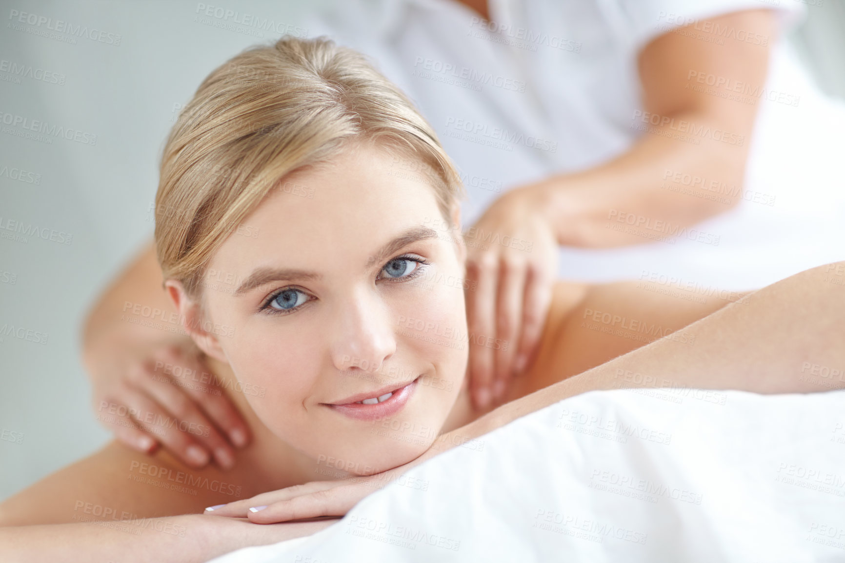 Buy stock photo Massage, pamper and peace with woman at spa as customer on table for break, treatment or wellness. Luxury, relax and satisfaction with happy person on bed as salon client for comfort or stress relief