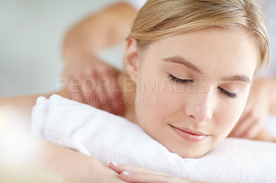 Buy stock photo Massage, relax and stress relief with woman at spa as customer on table for break, treatment or wellness. Luxury, pamper and satisfaction with person on bed as salon client for comfort or peace