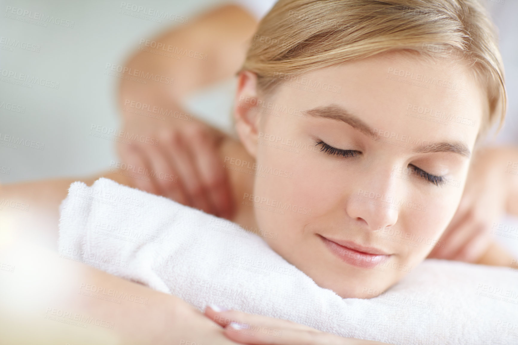 Buy stock photo Massage, relax and stress relief with woman at spa as customer on table for break, treatment or wellness. Luxury, pamper and satisfaction with person on bed as salon client for comfort or peace