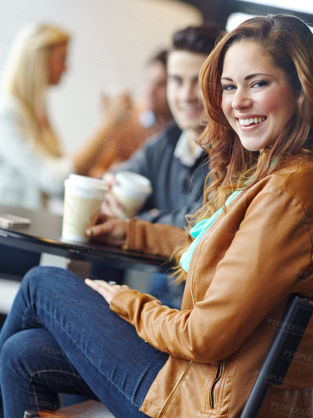 Buy stock photo Portrait, happy woman and relax in coffee shop with drink for couple on restaurant date together. Girl, smile and confident customer at cafe table with partner, latte and enjoying morning espresso