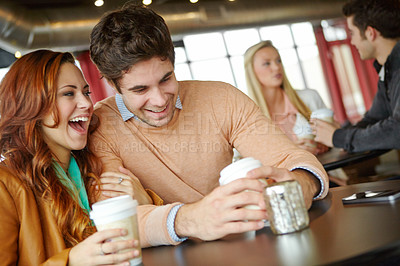 Buy stock photo Laughing, happy or couple at coffee shop to relax on romantic, anniversary or morning date. Smile, break or funny people bonding at cafeteria, breakfast or restaurant for drinking cappuccino together