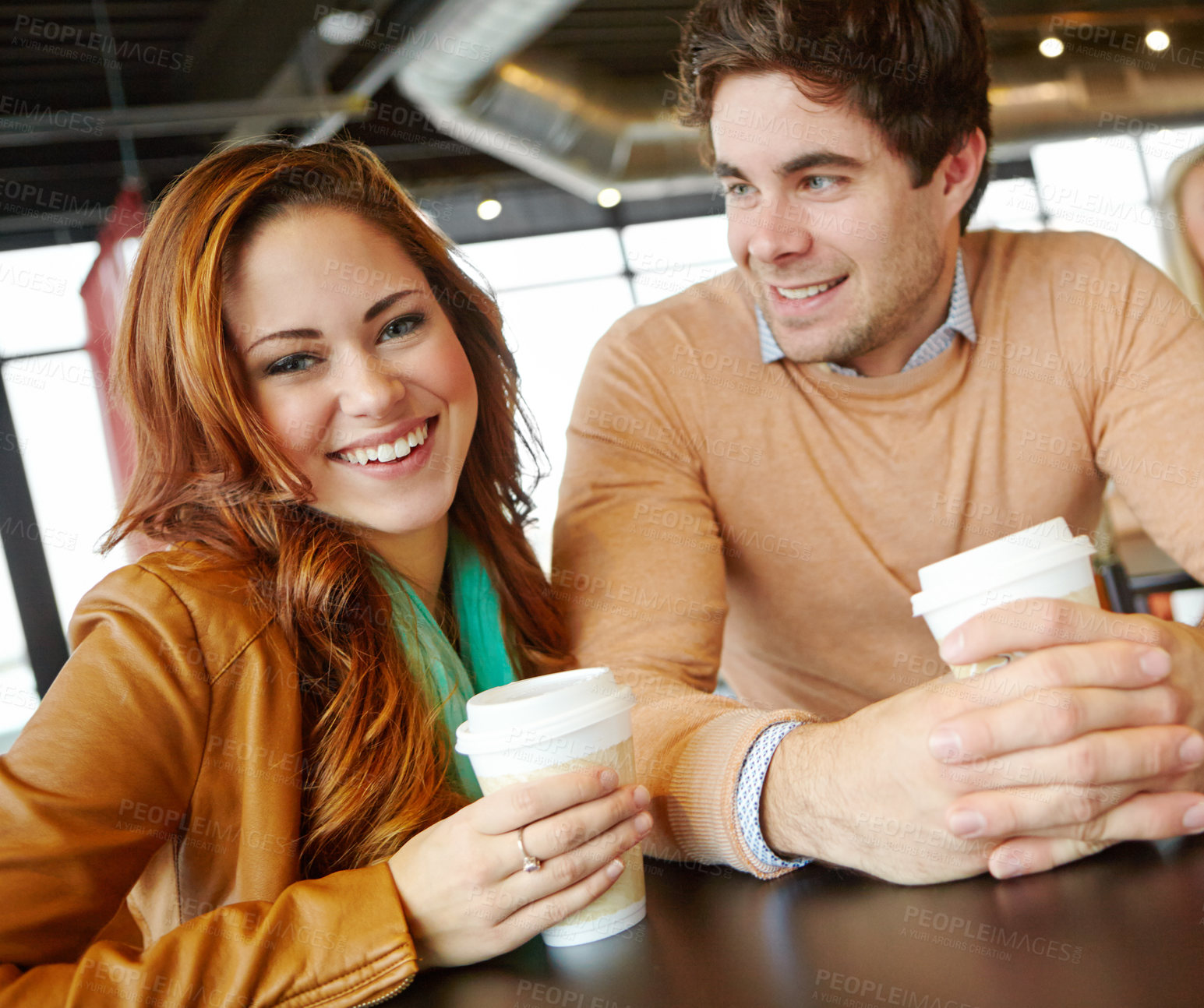 Buy stock photo Happy woman, portrait or couple at cafe to relax on romantic, anniversary and morning date. Smile, break and confident people bonding at coffee shop or restaurant for drinking cappuccino together