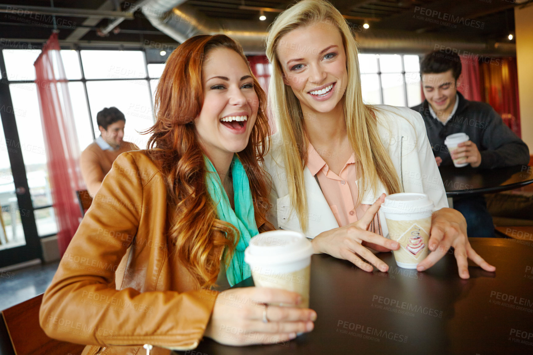 Buy stock photo Happy, friends or women laughing at cafe to relax on reunion or morning chat in diner together. Beverage, customer or funny people bonding at coffee shop or restaurant for drinking cappuccino or joke