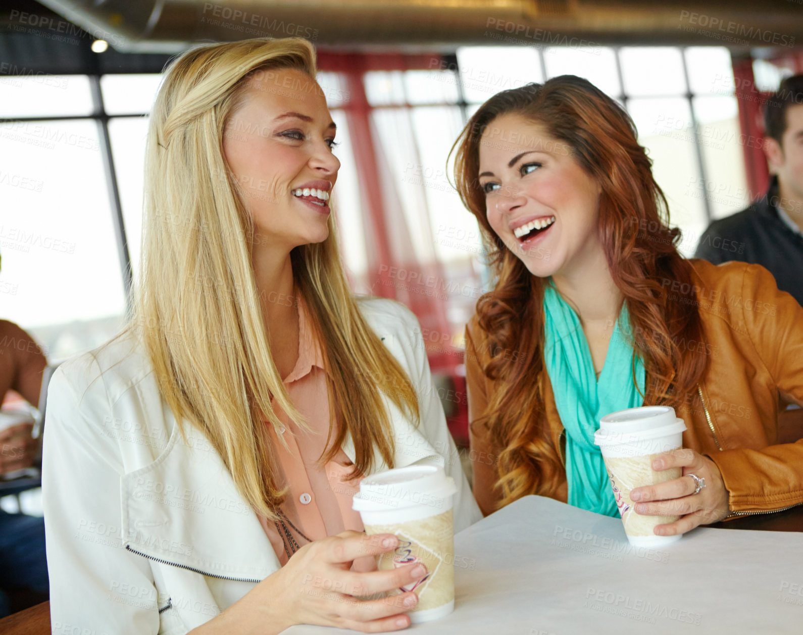 Buy stock photo Happy, laughing or girl friends at coffee shop to relax for humor, reunion or morning chat together. Women, funny joke or people bonding at cafe, diner or restaurant for drinking cappuccino beverage