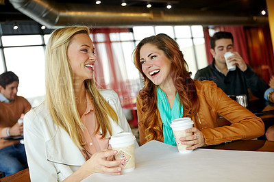 Buy stock photo Funny, laughing or girl friends at coffee shop to relax for humor, reunion or morning chat together. Women, joke or happy people bonding at cafe, diner or restaurant for drinking cappuccino beverage