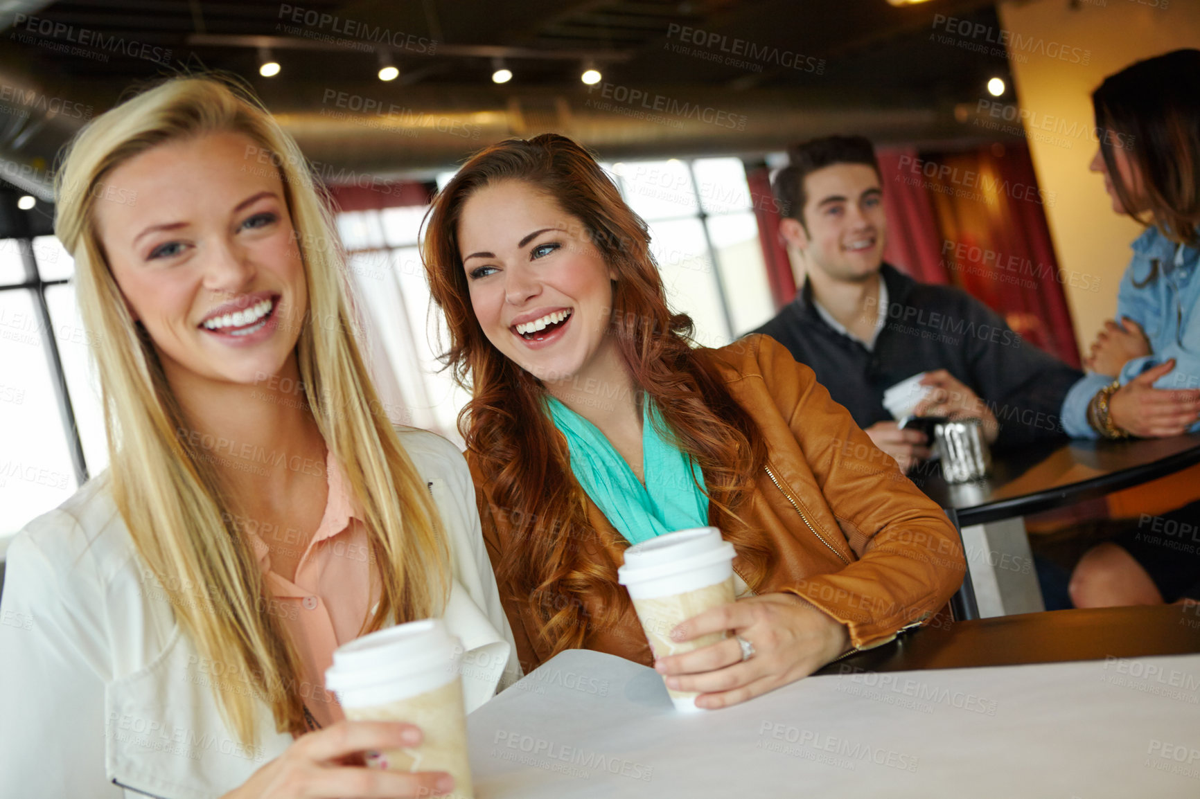 Buy stock photo Portrait, laughing or girl friends at coffee shop for funny joke, reunion or morning chat together. Women, relax or happy people bonding at cafe, diner or restaurant for drinking cappuccino beverage